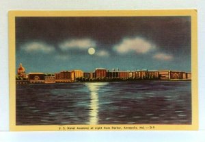 Annapolis Maryland MD US Naval Academy Night View From Harbor Linen Postcard 