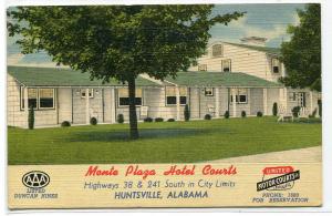 Monte Plaza Hotel Courts Motel Huntsville Alabama 1949 postcard