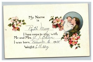 Vintage 1915 Birth Announcement Postcard Mother with Her Cute Baby Pink Flowers