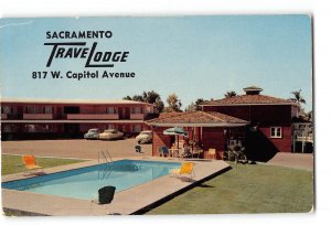 West Sacramento California CA Vintage Postcard Sacramento Travel Lodge Pool View