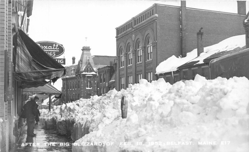 J15/ Belfast Maine RPPC Postcard c1952 Blizzard Disaster Rexall Drug Store 50