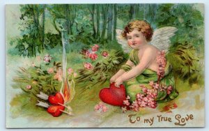 VALENTINE Greeting ~ TO MY TRUE LOVE Cupid w/ HEARTS 1908 Embossed Postcard