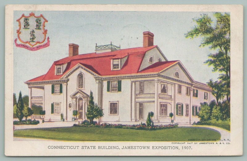 Jamestown Virginia~Jamestown Exposition~Conn. State Building~State Seal~Postcard 