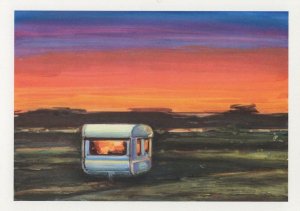 Glowing Old Caravan In Sunset Landscape Copper Painting Postcard