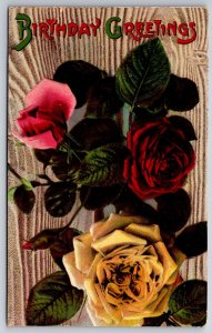 Birthday Greetings~Rose Flowers On Wood Background~Printed In Germany~Vintage PC