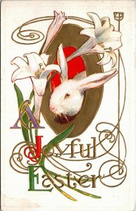 Postcard Embossed Easter A Joyful Easter White Rabbit and White Lilies 1910s K3