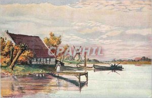 Postcard Fancy Old Mill Boat