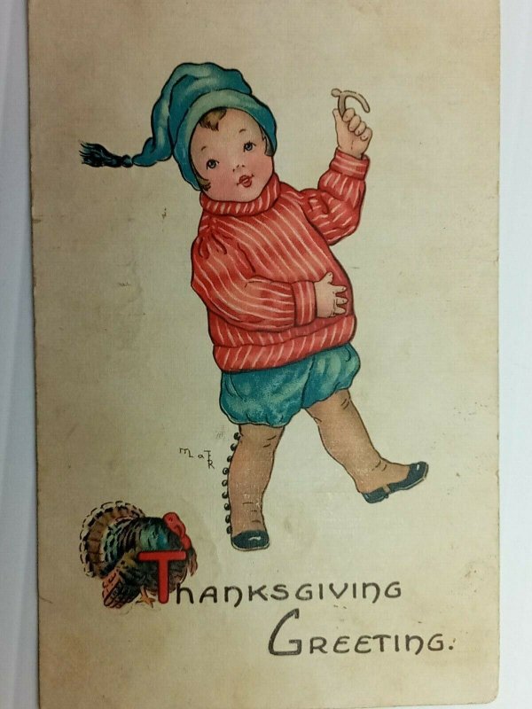 Vintage Postcard 1910's Thanksgiving Greeting Turkey & Young Boy with Wish Bone