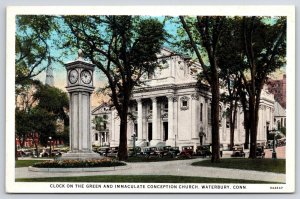 Clock On The Green & Immaculate Conception Church Waterbury Connecticut Postcard