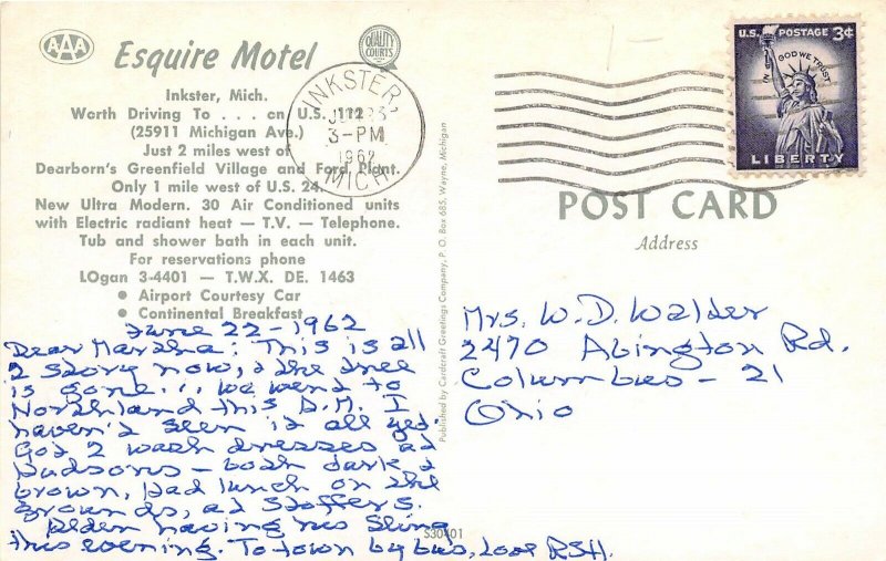 Inkster Michigan 1962 Postcard Esquire Motel