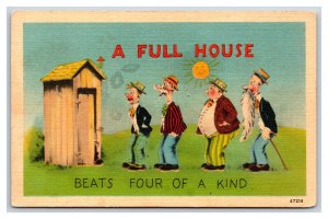 Outhouse Comic Full House Beats Four of a Kind UNP Linen Postcard U7