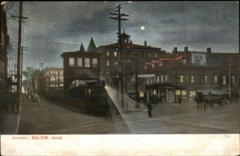 Salem MA Tunnel Street Scene RR Train at Night c1910 Postcard