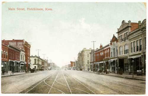 Hutchinson KS Street View Vintage Store Fronts Trolley Tracks Postcard