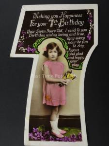 c1930's LITTLE GIRL & JAPANESE DOLLY Cut Out Numeral 7th Birthday Postcard