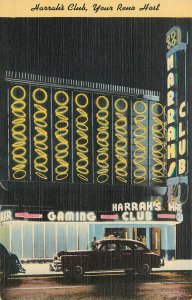Linen Postcard Reno NV Harrah's Club Fabulous Neon Sign Falling Gold Coins