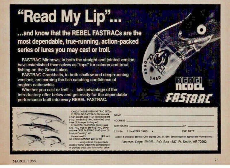 c1988 Rebel Fastrac  Fishing Lures Print Ad Old Fishing Lure