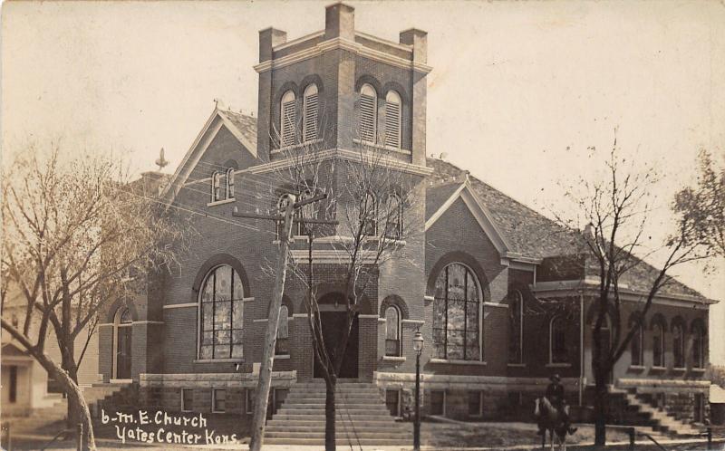 Yates Center Kansas~Methodist Episcopal Church~Man on Horseback~1910 RPPC