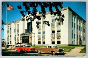 Court House, Detroit Lakes, Minnesota, Vintage 1955 Chrome Postcard, Old Cars