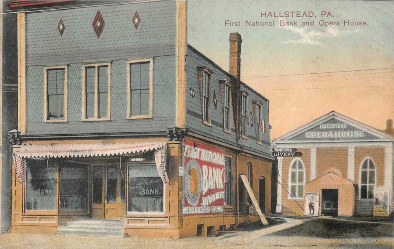 FIRST NATIONAL BANK & OPERA HOUSE HALLSTEAD PENNSYLVANIA LIVERY POSTCARD 1909