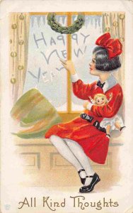 Happy New Year Girl Writes Greetings on Window 1916 postcard