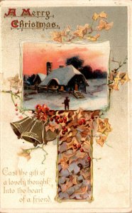 Merry Christmas With Gold Bells and Landscape Scene 1910 Tucks