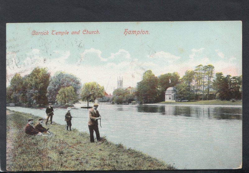 Middlesex Postcard - Garrick Temple and Church, Hampton - Men Fishing T6728