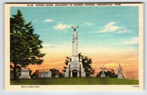 Sunset Scene Monument To Andrew Johnson Greenville Tennessee Linen Postcard TENN