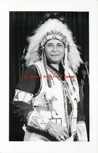 Native American Indian, RPPC, Chief With Headdress & Ceremonial Clothing, Photo