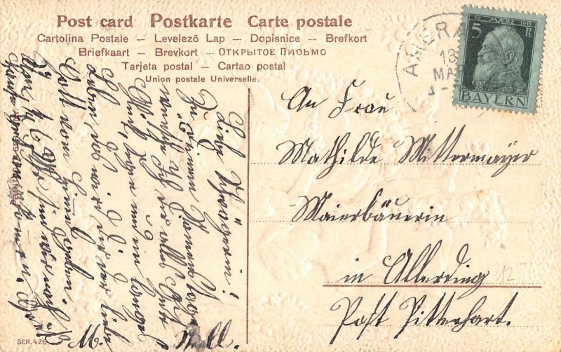 L252 Birthday Greetings 1913 Girls roses flowers embossed postcard