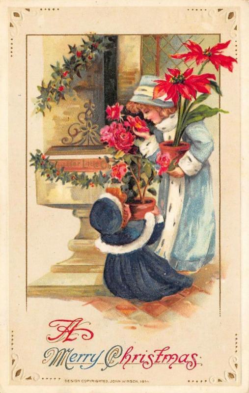 Merry Christmas Girls Potted Plants John Winsch Embossed Postcard