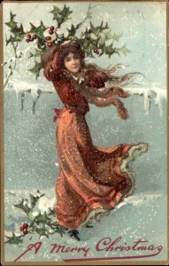Christmas Pretty Woman Holly Embossed Tuck c1910s Postcard