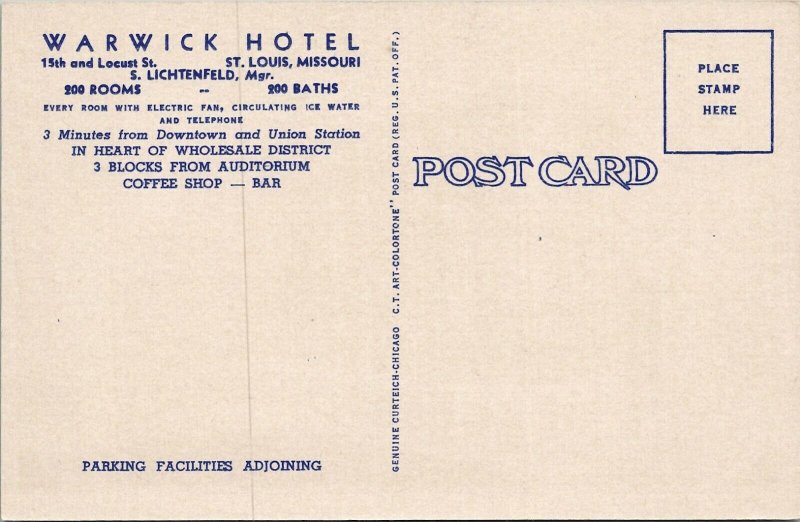 St Louis Missouri The Warwick Hotel Curteich Linen Postcard W7