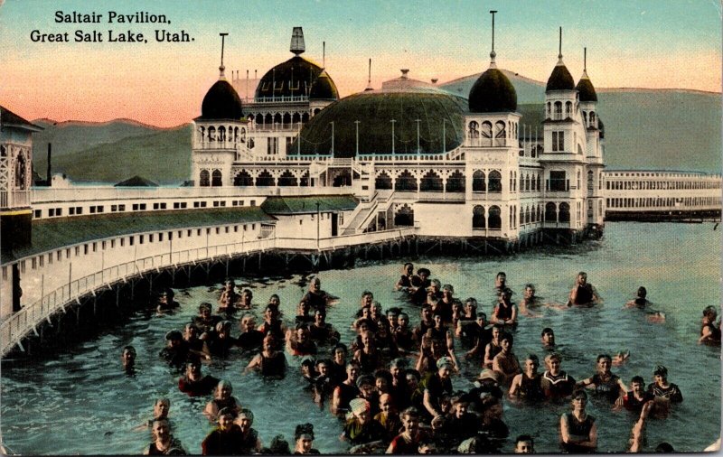 Postcard People Bathing Swimming at Saltair Pavilion in Great Salt Lake, Utah