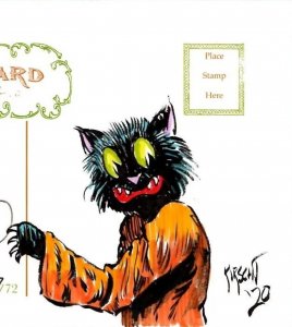 Halloween Matthew Kirscht Cat Placing The Moon Stars Hand Sketch #47 Postcard MK