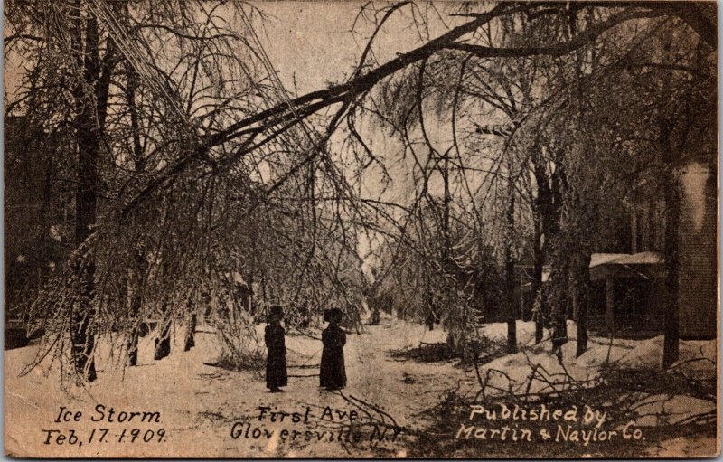 Postcard 1909 Ice Storm on First Avenue in Gloversville, New York