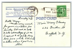 Vintage 1943 Advertising Postcard Hotel Abraham Lincoln Reading Pennsylvania