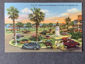Ponce de Leon Monument & Circle St. Augustine FL Linen Postcard H2317084046