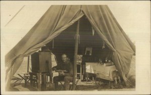 Camping Tent Military? Nice Details - Man at Desk c1910 Real Photo Postcard