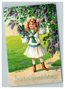 Vintage 1910's Postcard Cute Blonde Haired Girl White Teal Dress Purple Flowers