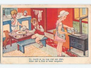 Pre-Linen foreign signed CUTE GIRL MAKES PANCAKE FOR BROTHERS J4730