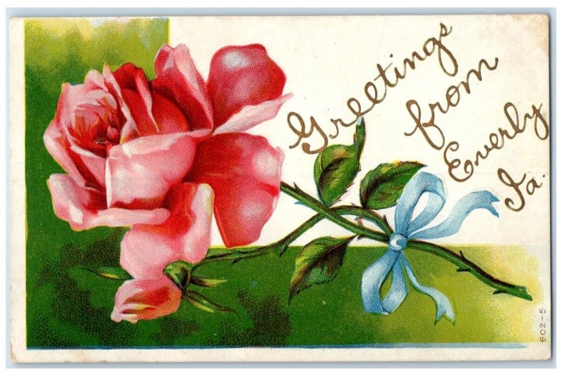 c1910's Greetings From Everly Iowa IA Pink Rose Flower Embossed Antique Postcard