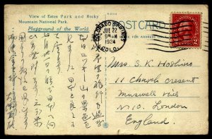 US  Scott 634 on 1924 card of Estes Park Co. in JAPANESE to London