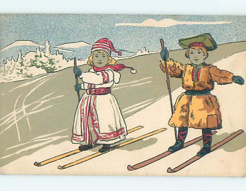 1906 foreign skiing EUROPEAN GIRL AND BOY BOTH USING SKIS HL7397