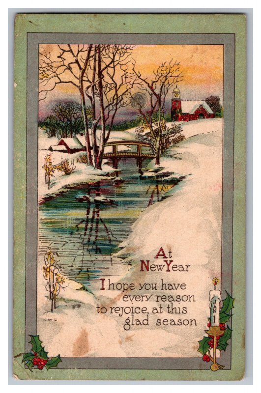 c1919 Postcard At New Year Country Farm Snow Scene