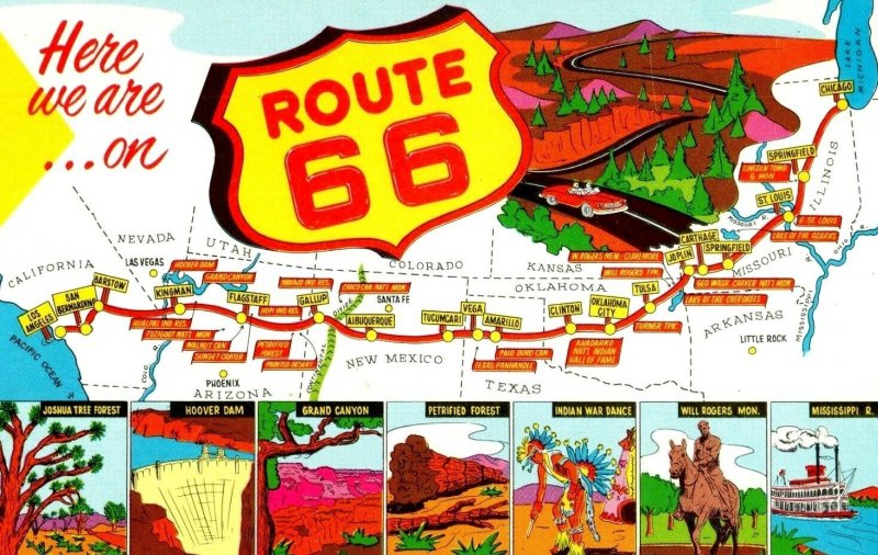 Vintage Route 66 Map Postcard P152 