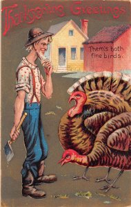 Thanksgiving Greeting Peasant Ax Turkey Farm 1910 embossed postcard B989