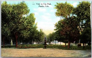 View In City Park Pueblo Texas TX Monument Statue Trees Postcard