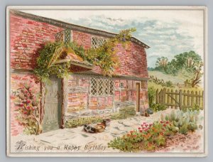 Happy Birthday, Brick Country House, Herder Cutlery, Victorian Trade Card  T2