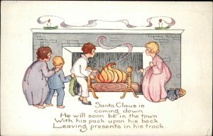 Whitney Christmas Children Wait for Santa by Fire Vintage Postcard