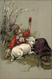 Easter - Pretty Woman & Lamb Basket of Eggs PFB Embossed c1910 Postcard